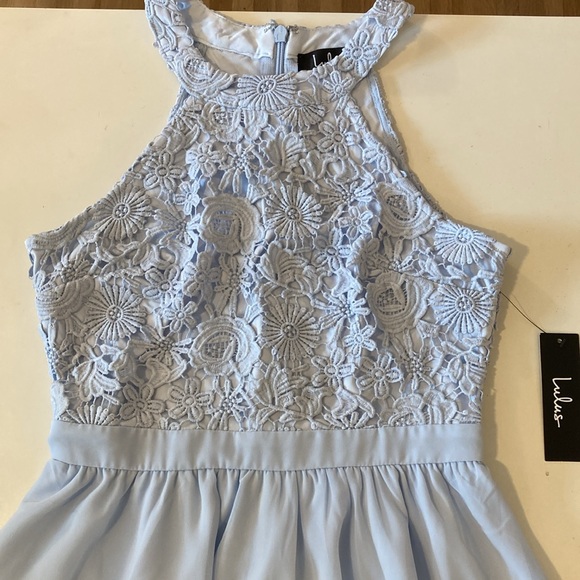 NWT Lulu’s Lover’s Game Light Blue Lace Skater Dress Small - Picture 7 of 12